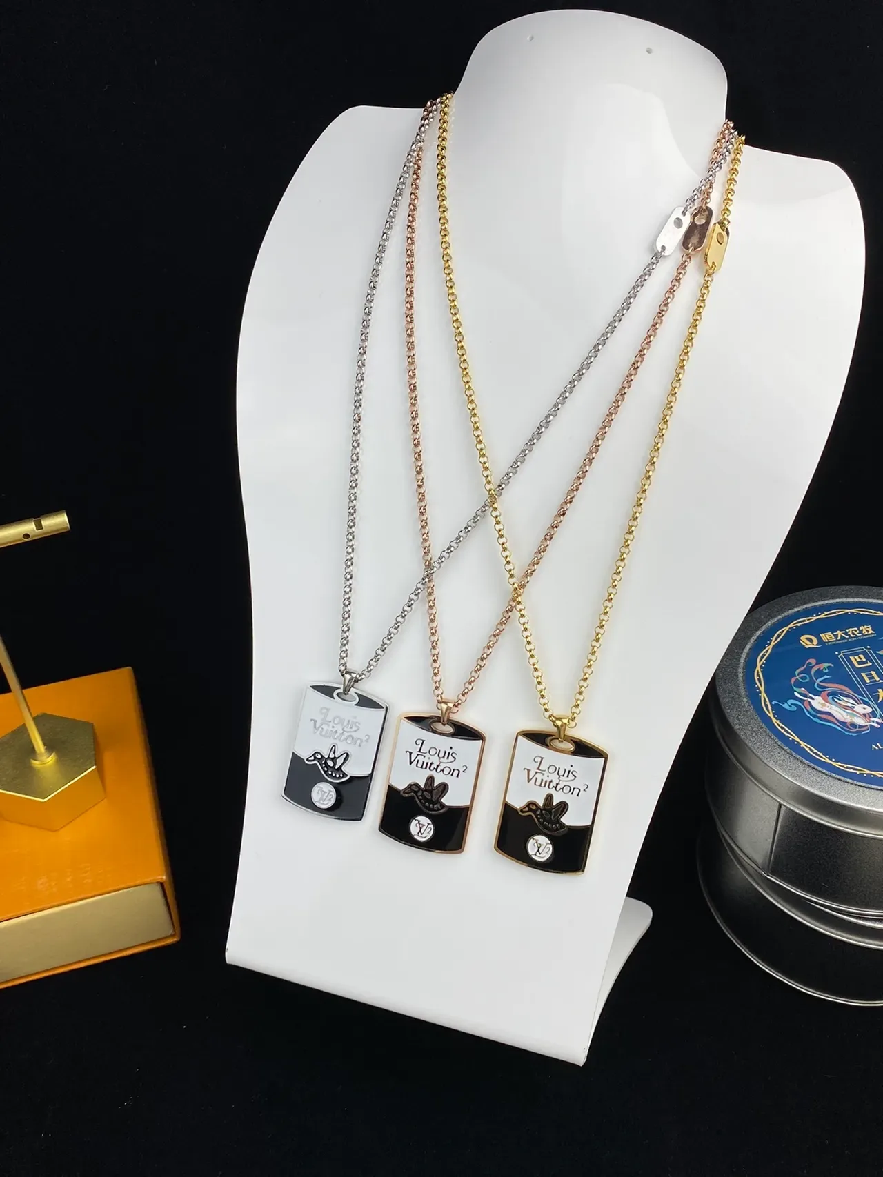 Louis Vuitton Silver Gold Dog-Tag Silhouette Enamel Two-Tone Finish Necklace 5