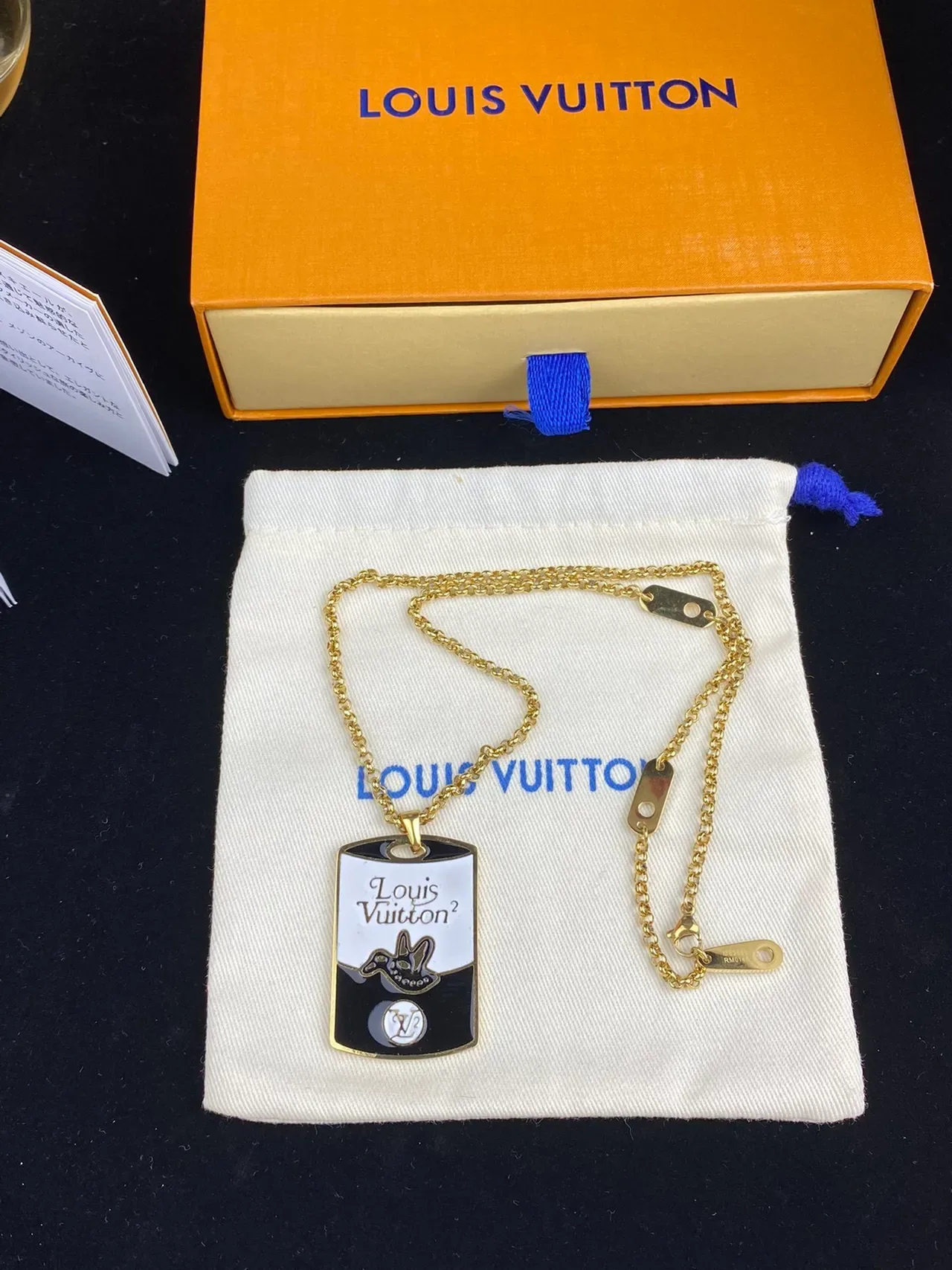 Louis Vuitton Silver Gold Dog-Tag Silhouette Enamel Two-Tone Finish Necklace 6