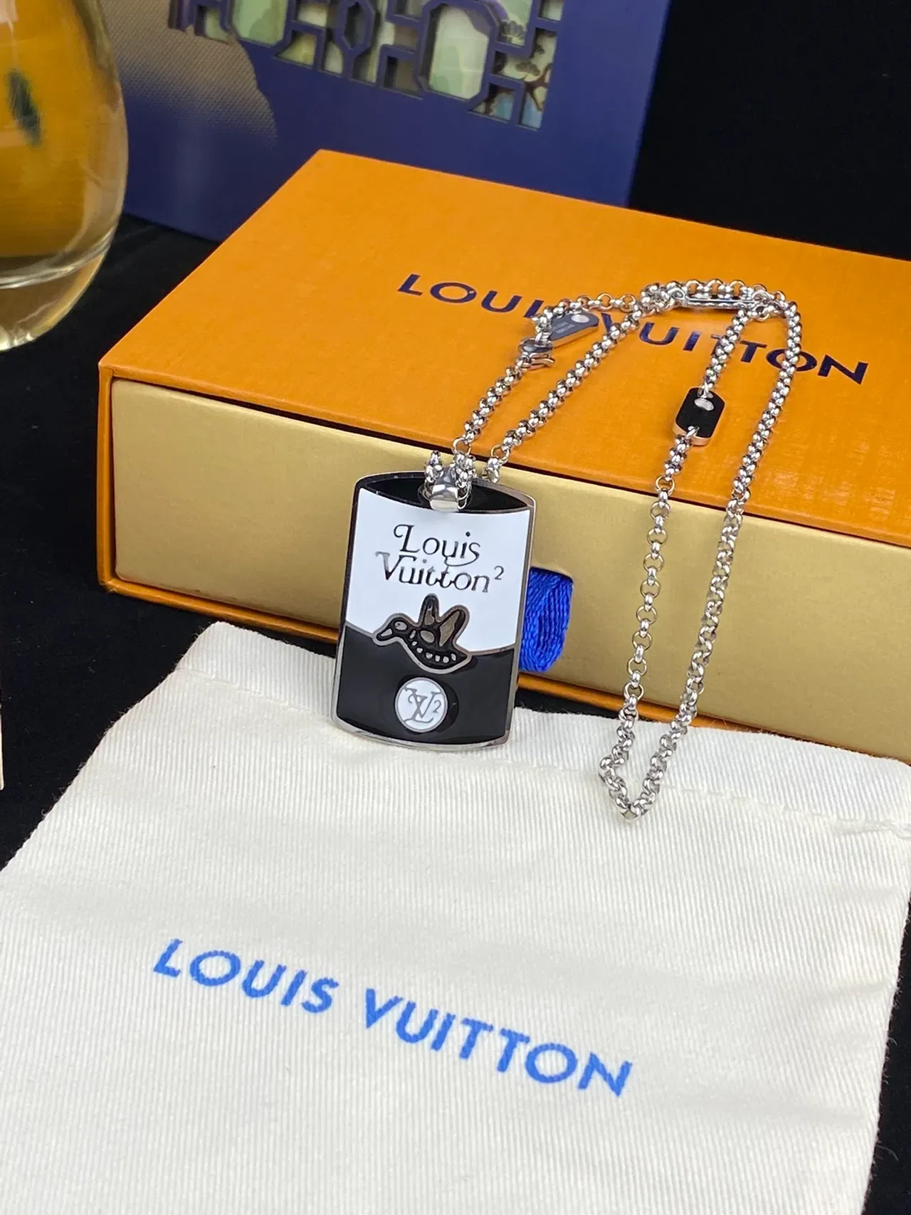 Louis Vuitton Silver Gold Dog-Tag Silhouette Enamel Two-Tone Finish Necklace 7