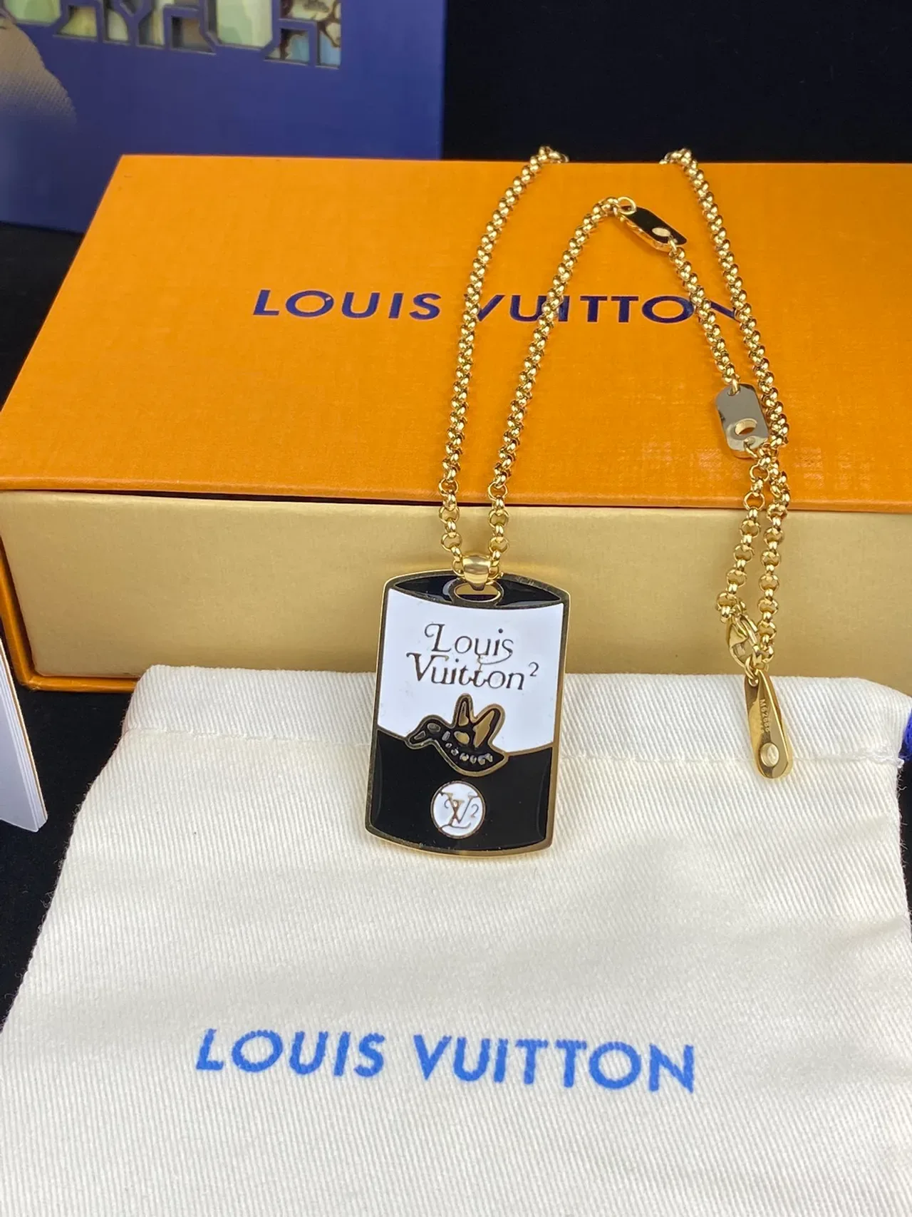 Louis Vuitton Silver Gold Dog-Tag Silhouette Enamel Two-Tone Finish Necklace 8
