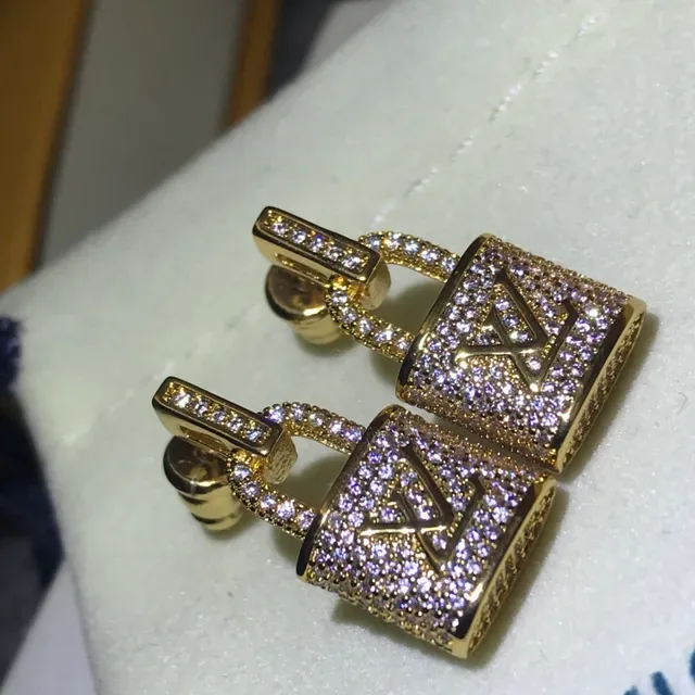 Louis Vuitton Silver Gold Padlock-Shaped Pavé-Set Earrings 3