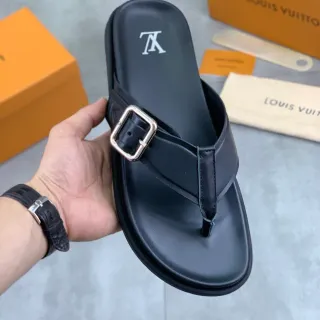 लुईस विटन Slide काला चांदी चमड़े के बकल-स्ट्रैप स्लिपर्स
