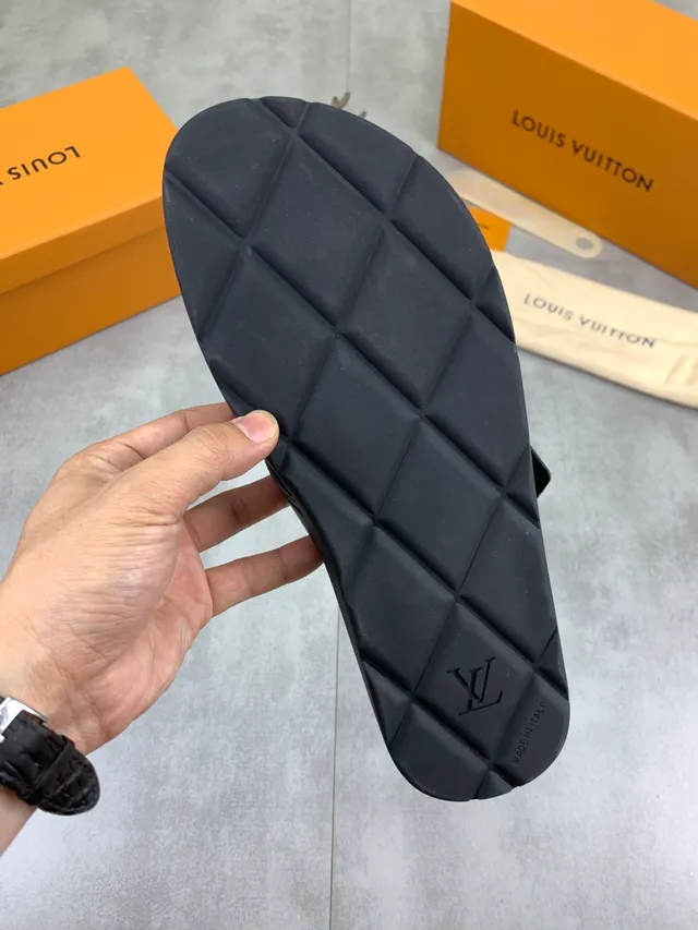 Louis Vuitton Slide Black Silver Leather Buckle-Strap Slippers 2