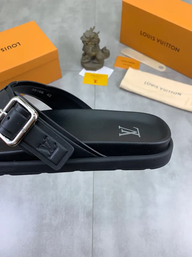 Louis Vuitton Slide Black Silver Leather Buckle-Strap Slippers 3