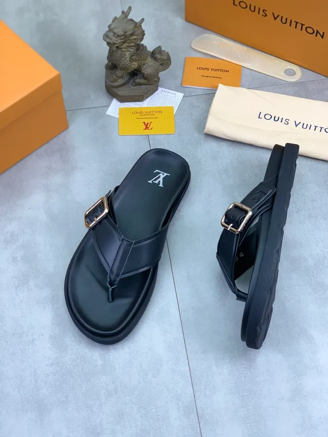 Louis Vuitton Slide Black Silver Leather Buckle-Strap Slippers 4