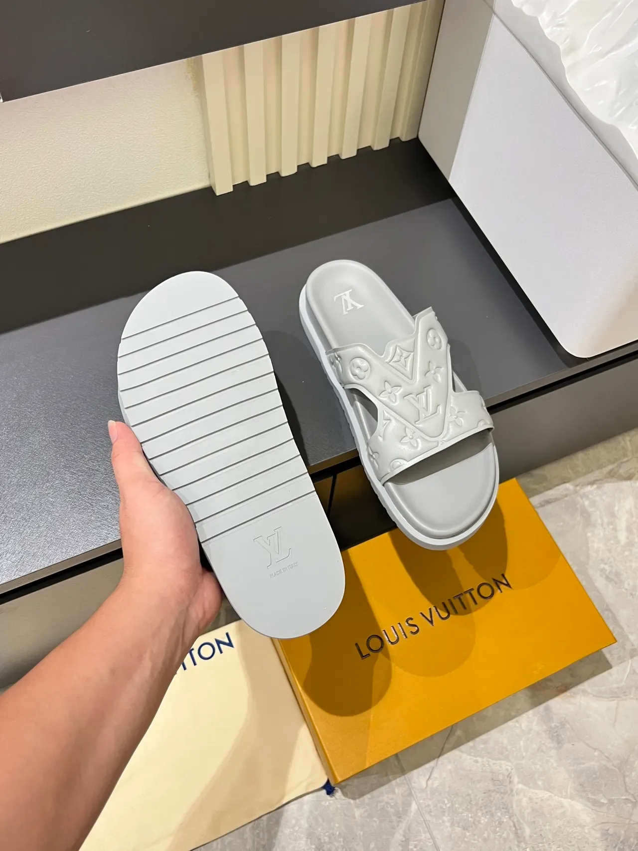 Louis Vuitton Slide Gray Monogrammed Double-Strap Slippers 2