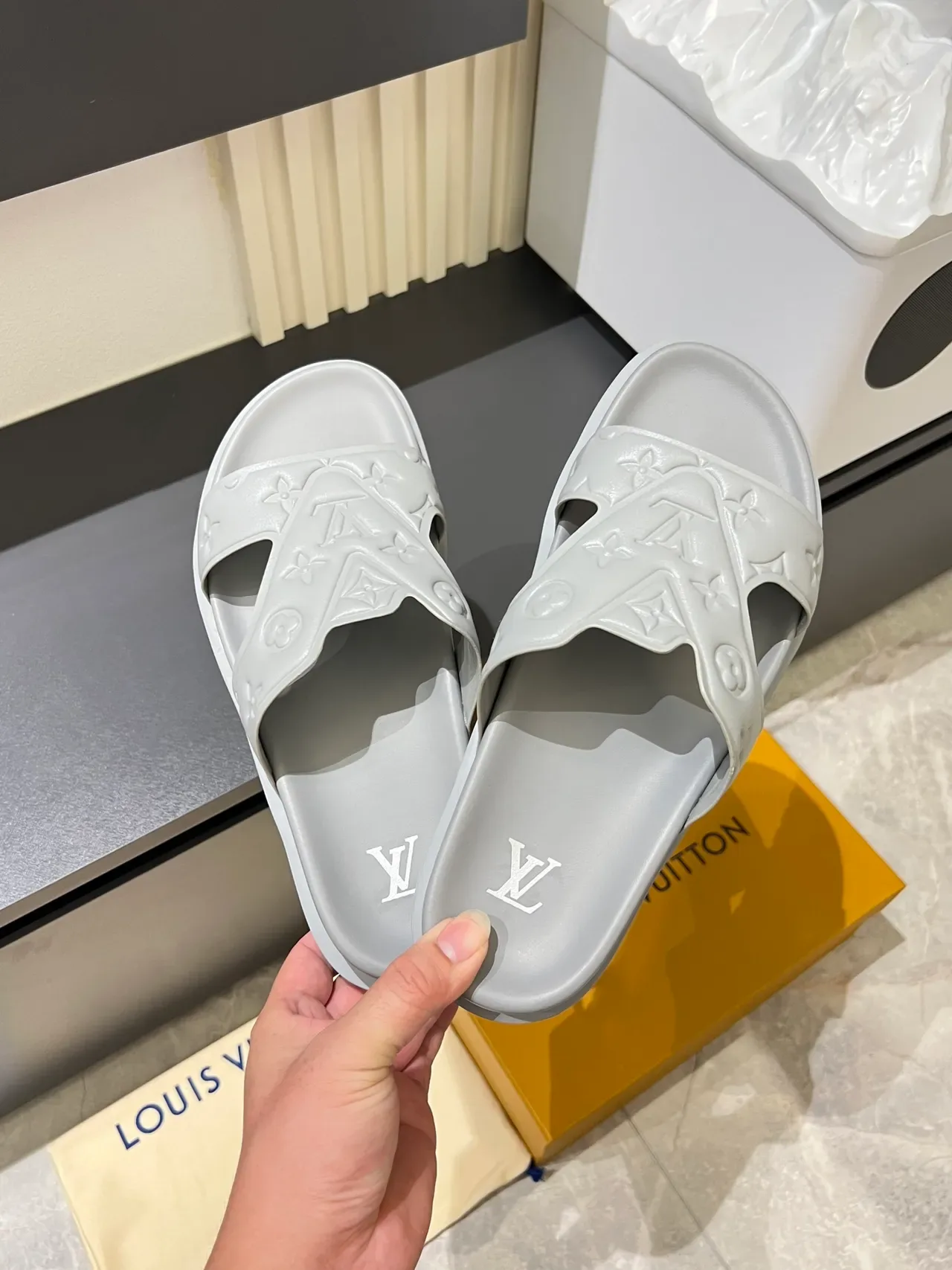 Louis Vuitton Slide Gray Monogrammed Double-Strap Slippers 3