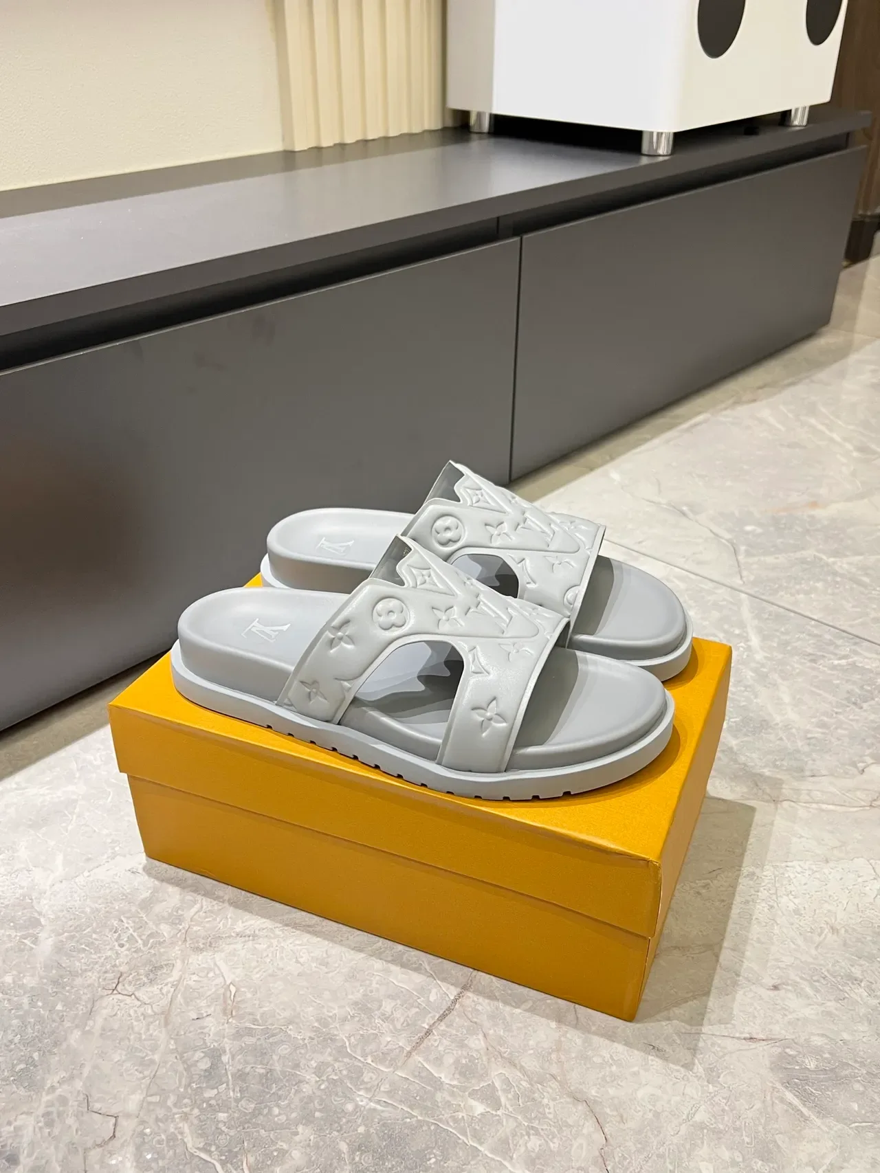 Louis Vuitton Slide Gray Monogrammed Double-Strap Slippers 4