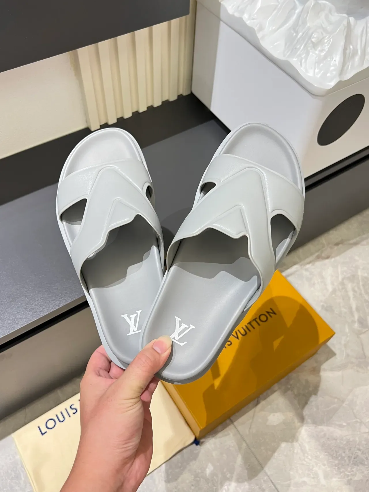 Louis Vuitton Slide Gray Monogrammed Double-Strap Slippers 5