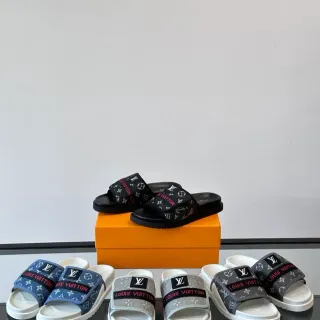 Louis Vuitton Slides Black White Monogram Canvas Strap Molded Rubber Sole Slippers