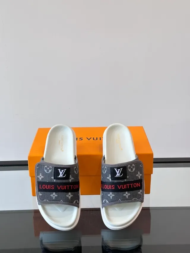 Louis Vuitton Slides Black White Monogram Canvas Strap Molded Rubber Sole Slippers 5