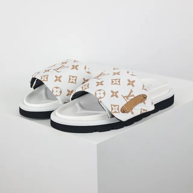 Louis Vuitton Slides White Brown Monogram Canvas Strap Tan Leather Tab Slippers 2