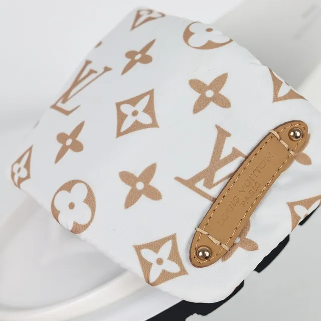 Louis Vuitton Slides White Brown Monogram Canvas Strap Tan Leather Tab Slippers 6