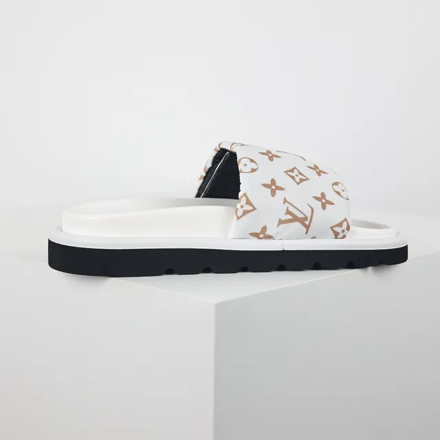 Louis Vuitton Slides White Brown Monogram Canvas Strap Tan Leather Tab Slippers 7