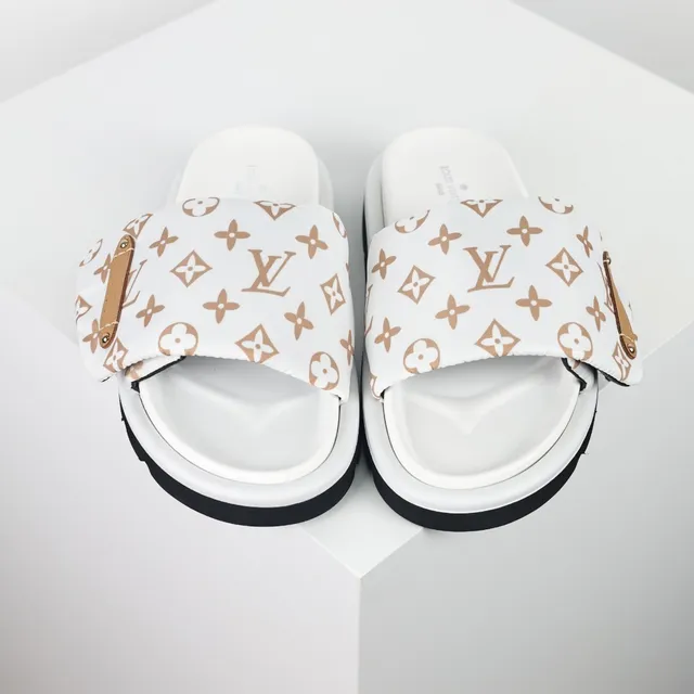 Louis Vuitton Slides White Brown Monogram Canvas Strap Tan Leather Tab Slippers 8