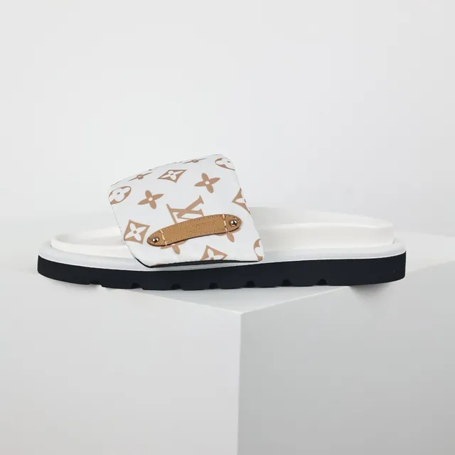 Louis Vuitton Slides White Brown Monogram Canvas Strap Tan Leather Tab Slippers 9