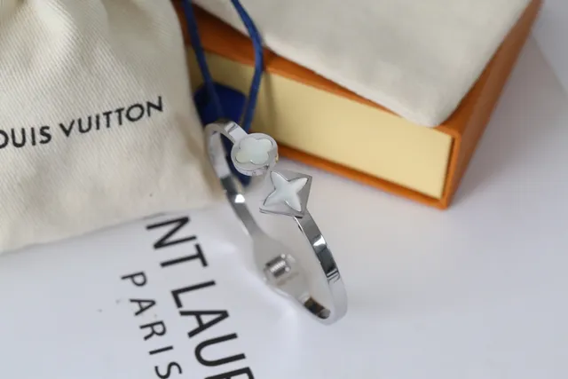 Louis Vuitton Star and Clover Motif Silver Gold Rigid Bangle Mother-of-Pearl Inlay Bracelet 3