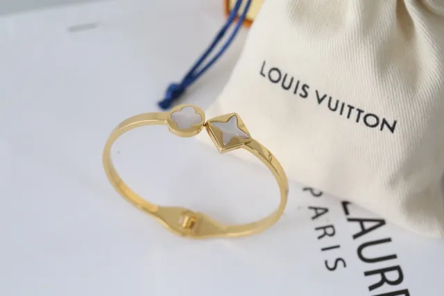 Louis Vuitton Star and Clover Motif Silver Gold Rigid Bangle Mother-of-Pearl Inlay Bracelet 4