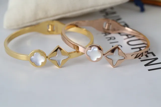 Louis Vuitton Star and Clover Motif Silver Gold Rigid Bangle Mother-of-Pearl Inlay Bracelet 6