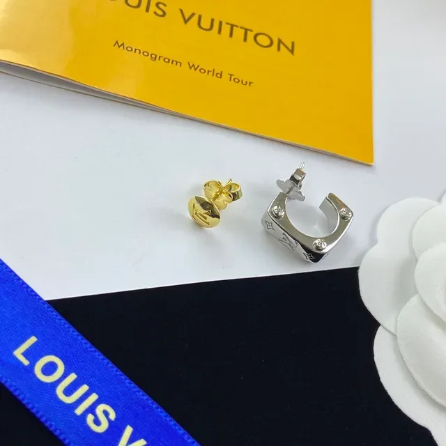 Louis Vuitton Studded C-Shaped Hoop and Logo Stud Earrings 6