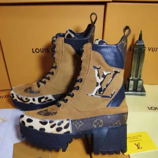 Louis Vuitton Tan and Navy Leopard-Print Platform Ankle Boots