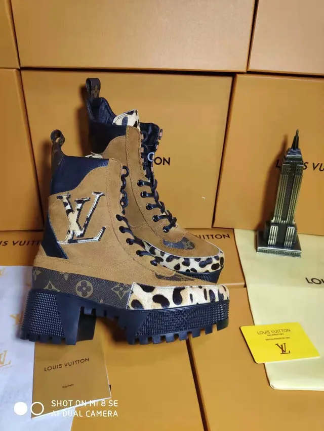 Louis Vuitton Tan and Navy Leopard-Print Platform Ankle Boots 2