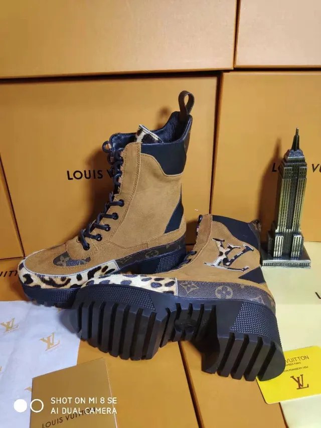 Louis Vuitton Tan and Navy Leopard-Print Platform Ankle Boots 3