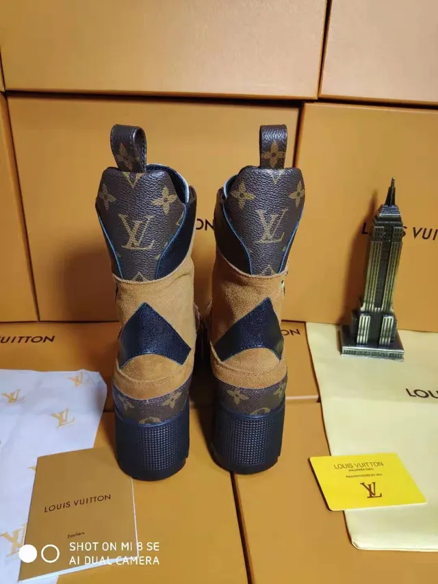 Louis Vuitton Tan and Navy Leopard-Print Platform Ankle Boots 4