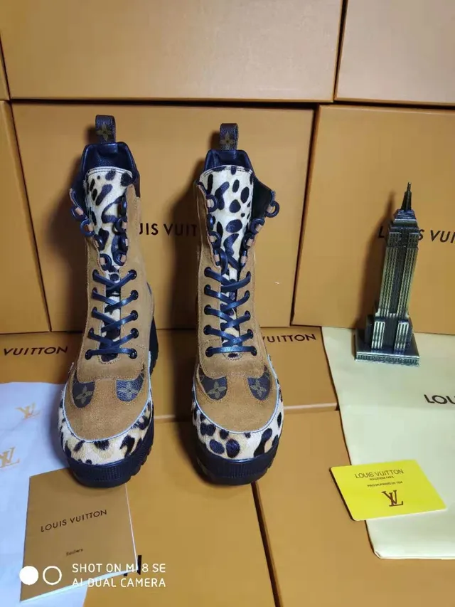 Louis Vuitton Tan and Navy Leopard-Print Platform Ankle Boots 5