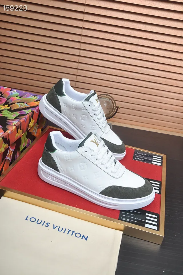 Louis Vuitton White Army Green Embossed Monogram Leather Contrast Suede Panels Lifestyle Sneakers 5