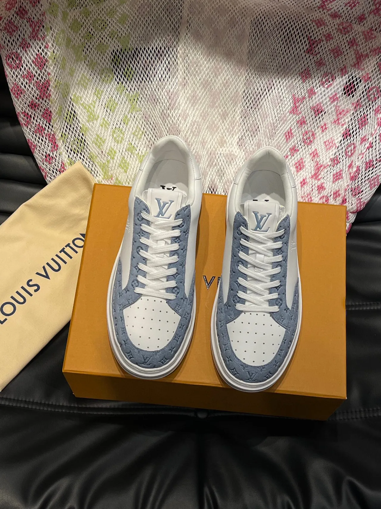 Louis Vuitton White Blue Perforated Toe Cap Monogrammed Suede Overlays Lifestyle Sneakers 2