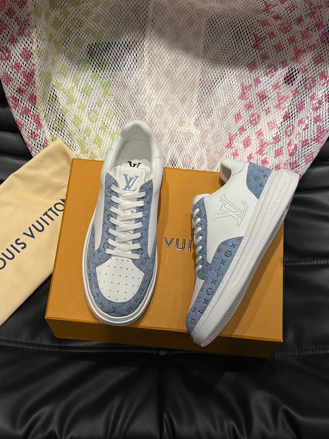 Louis Vuitton White Blue Perforated Toe Cap Monogrammed Suede Overlays Lifestyle Sneakers 3