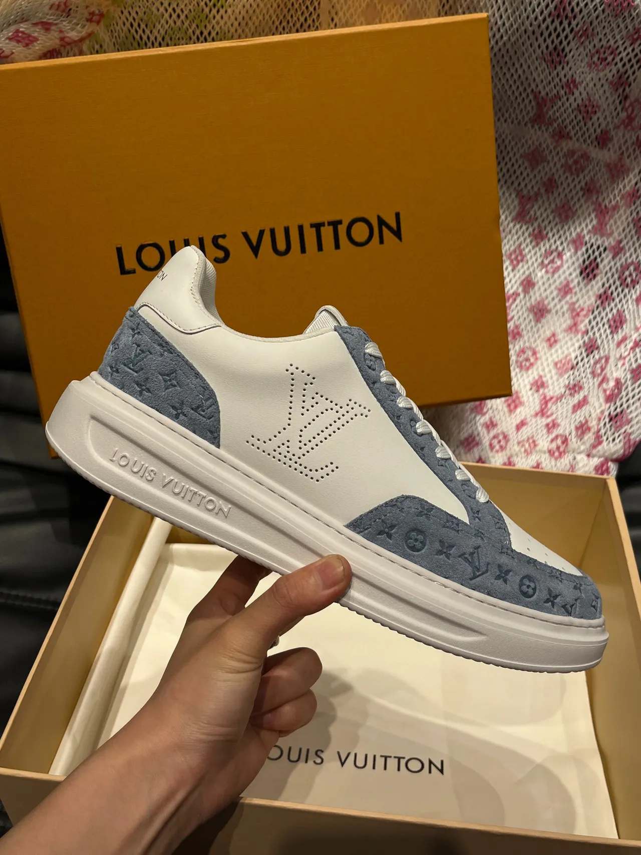Louis Vuitton White Blue Perforated Toe Cap Monogrammed Suede Overlays Lifestyle Sneakers 5