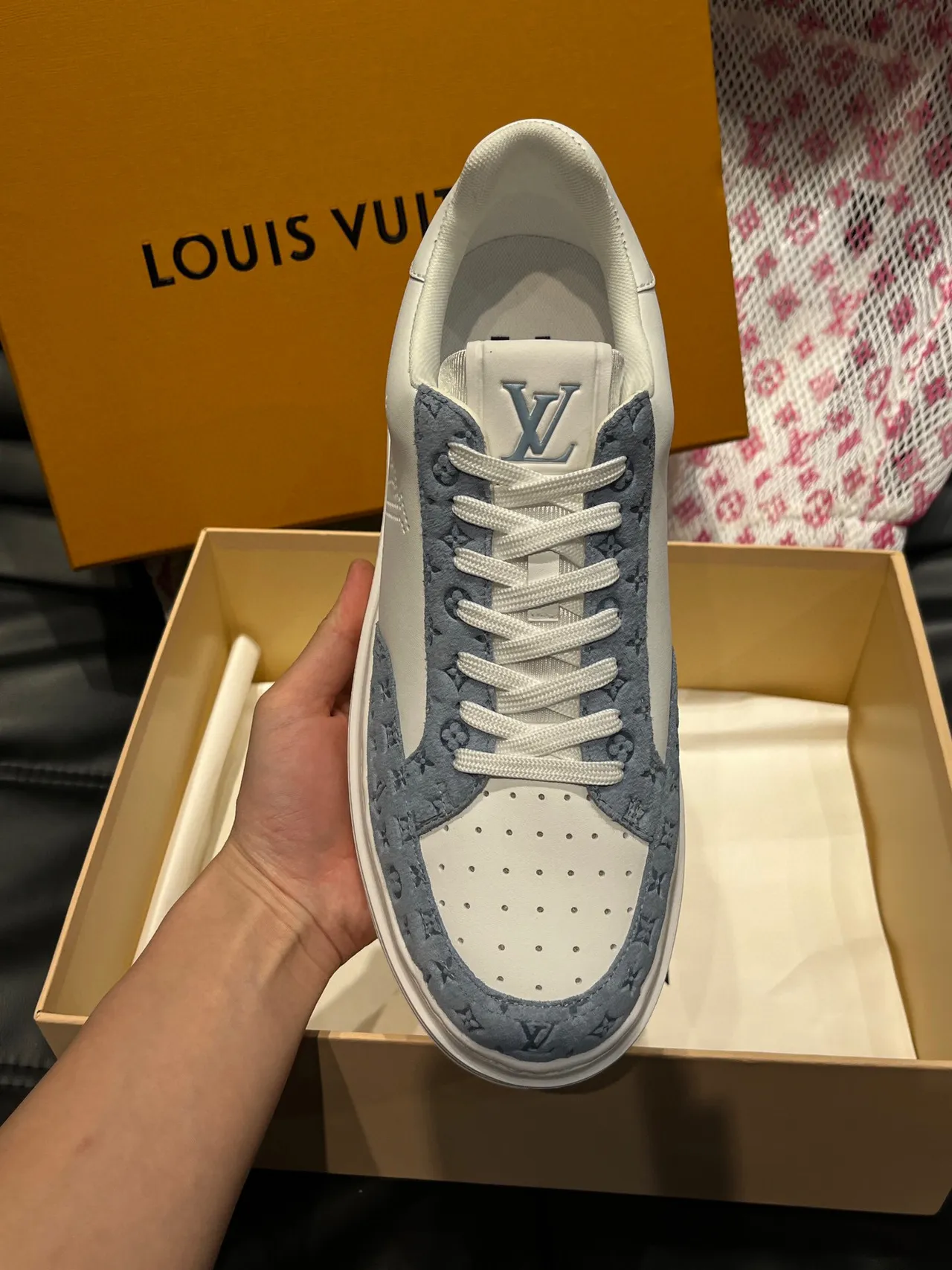 Louis Vuitton White Blue Perforated Toe Cap Monogrammed Suede Overlays Lifestyle Sneakers 6