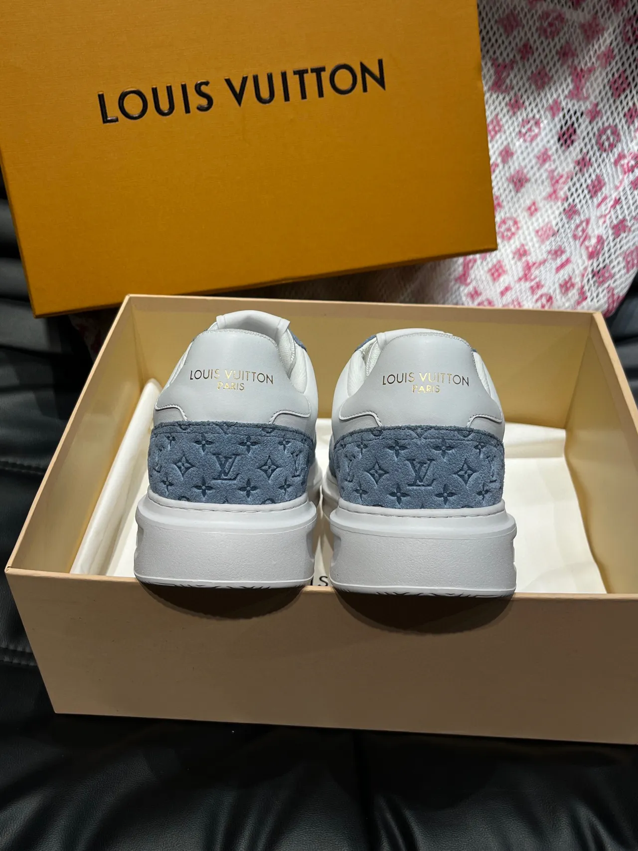 Louis Vuitton White Blue Perforated Toe Cap Monogrammed Suede Overlays Lifestyle Sneakers 8