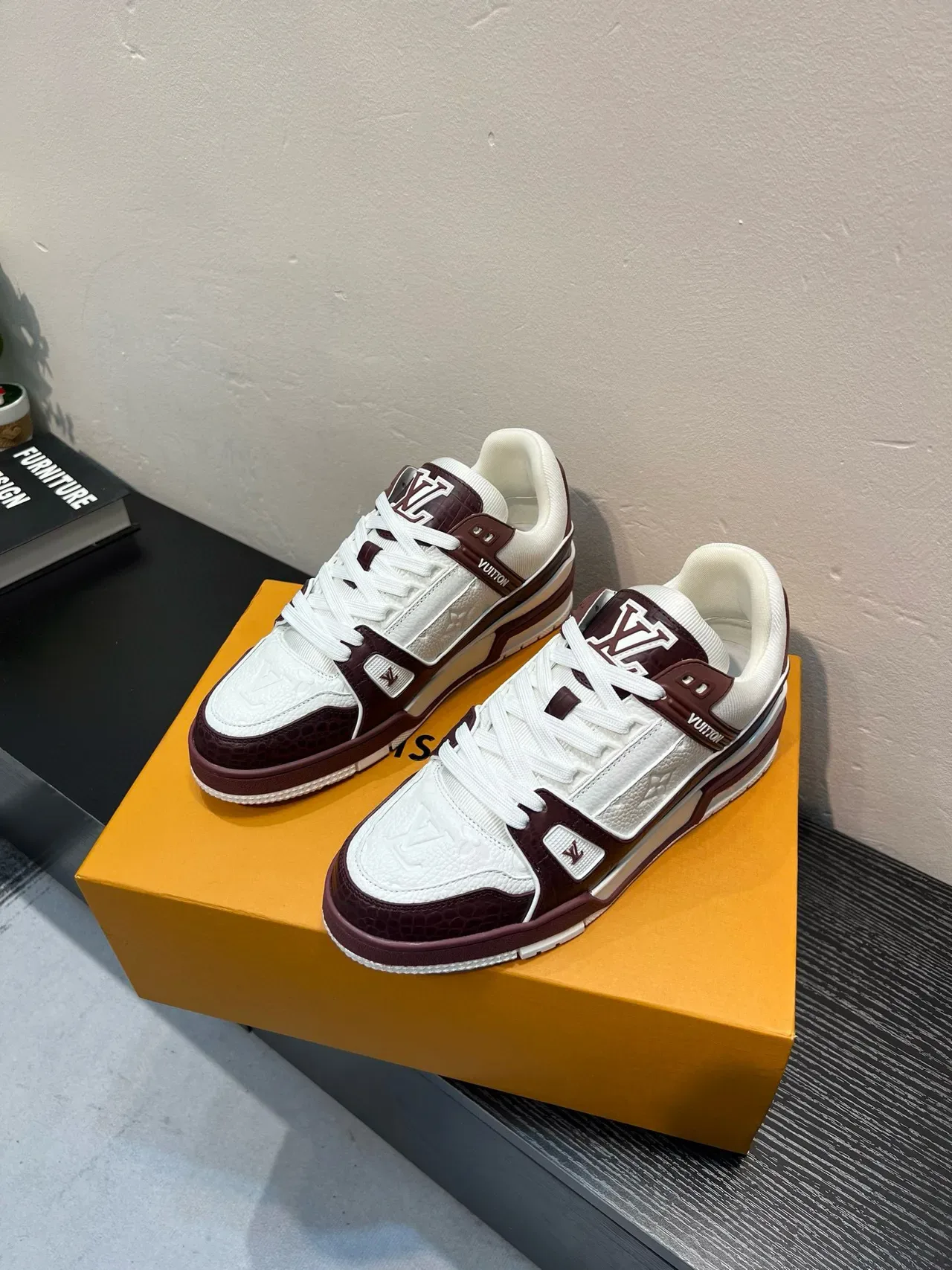 Louis Vuitton White Burgundy Layered Strap Design Embossed Monogram Leather Lifestyle Sneakers 3