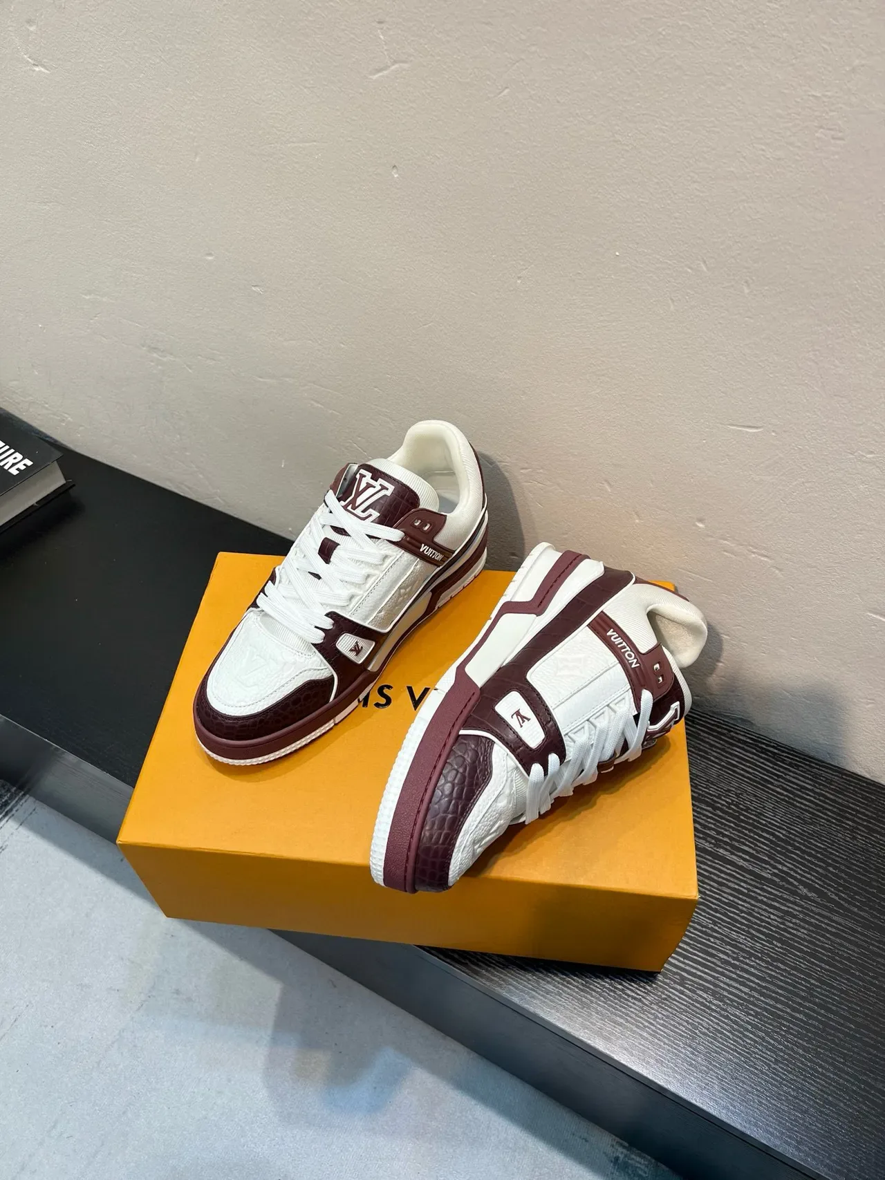 Louis Vuitton White Burgundy Layered Strap Design Embossed Monogram Leather Lifestyle Sneakers 4