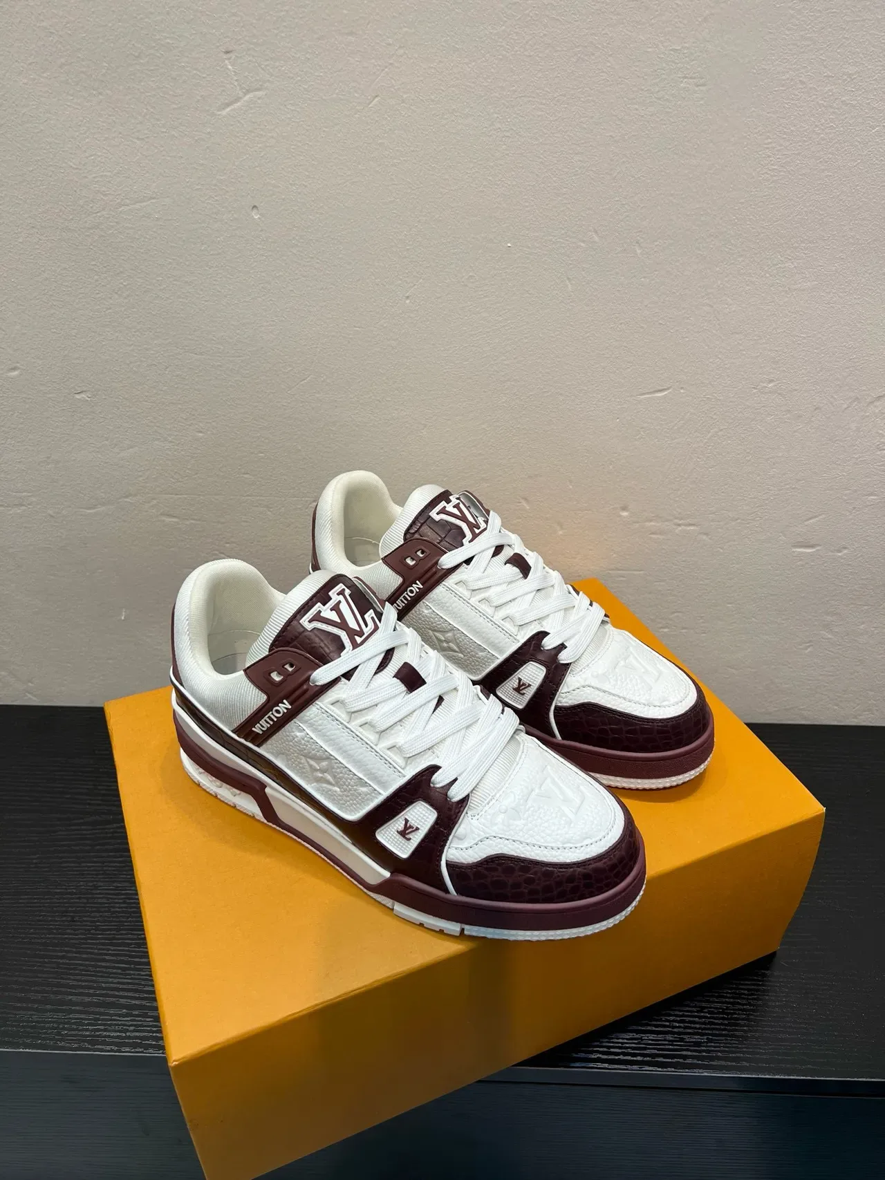 Louis Vuitton White Burgundy Layered Strap Design Embossed Monogram Leather Lifestyle Sneakers 5