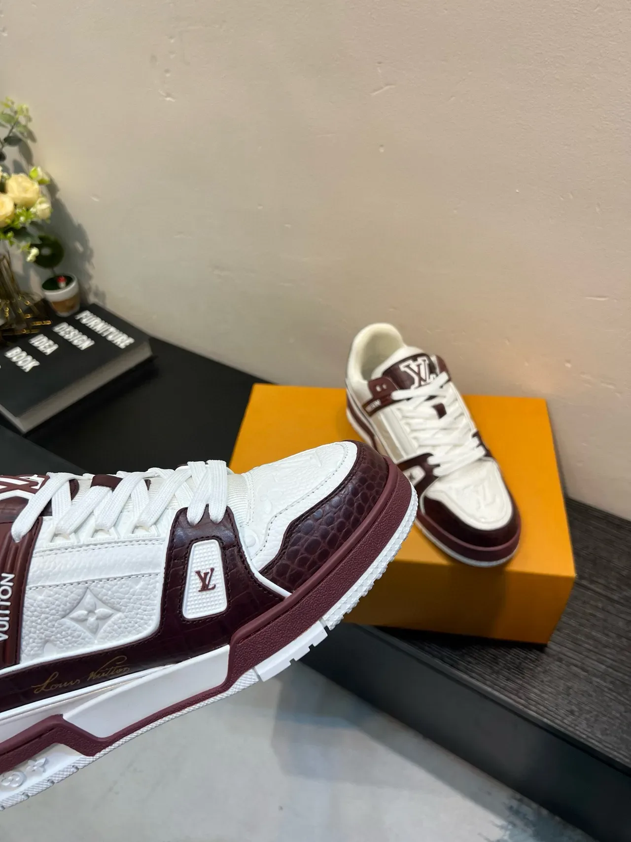 Louis Vuitton White Burgundy Layered Strap Design Embossed Monogram Leather Lifestyle Sneakers 7
