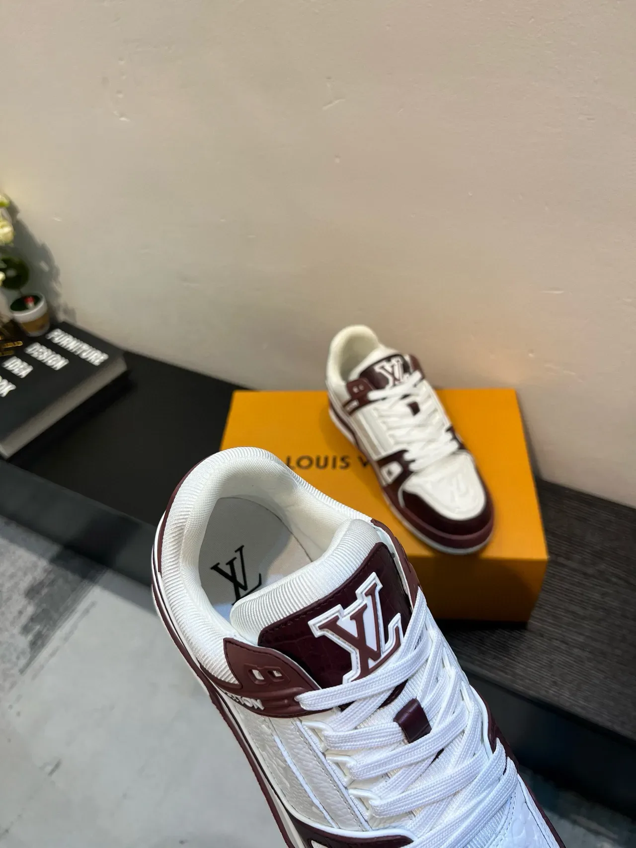 Louis Vuitton White Burgundy Layered Strap Design Embossed Monogram Leather Lifestyle Sneakers 9