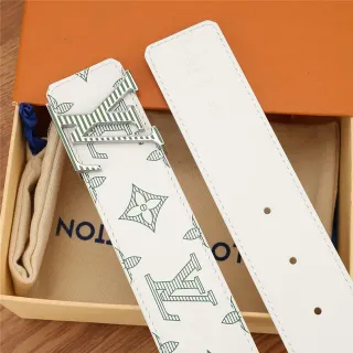 Louis Vuitton White Gray Monogram-Print Silver-Tone Turn-Lock Buckle Leather Belt