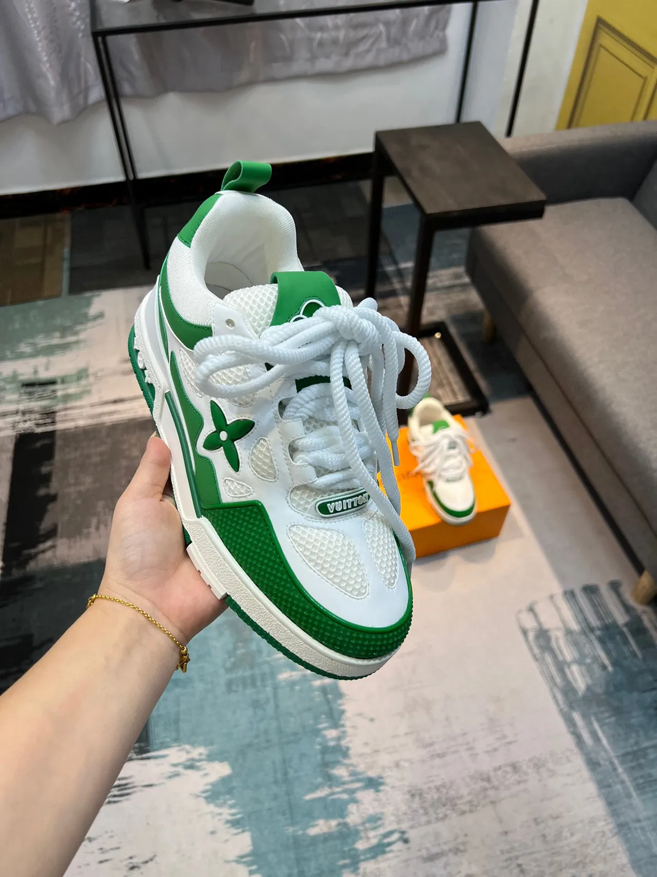 Tênis de skate Louis Vuitton branco e verde low-top com cadarço, mesh e sobreposição sintética texturizada 6