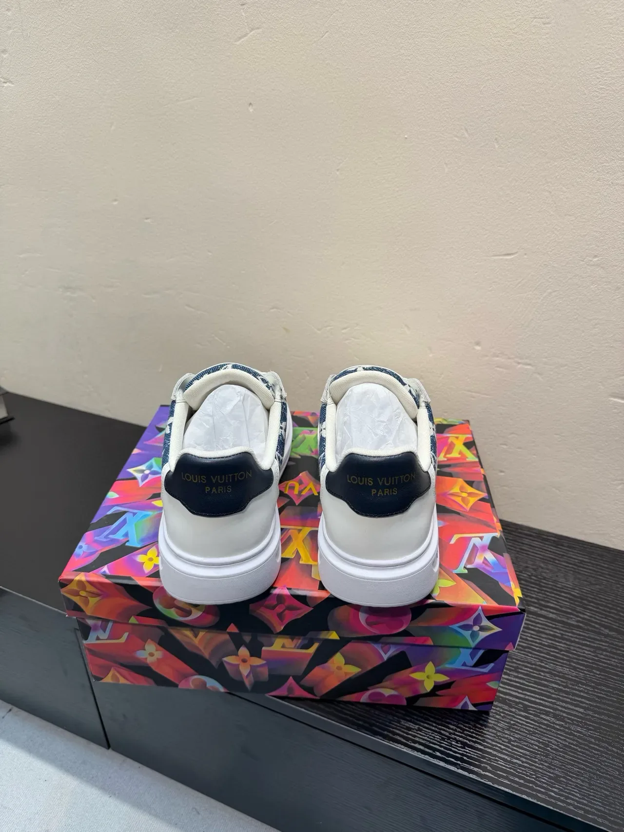 Louis Vuitton White Navy Low-Top Leather-and-Denim Panelled Lifestyle Sneakers 6
