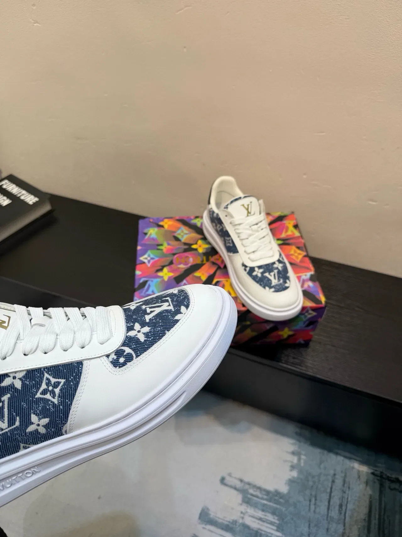 Louis Vuitton White Navy Low-Top Leather-and-Denim Panelled Lifestyle Sneakers 8