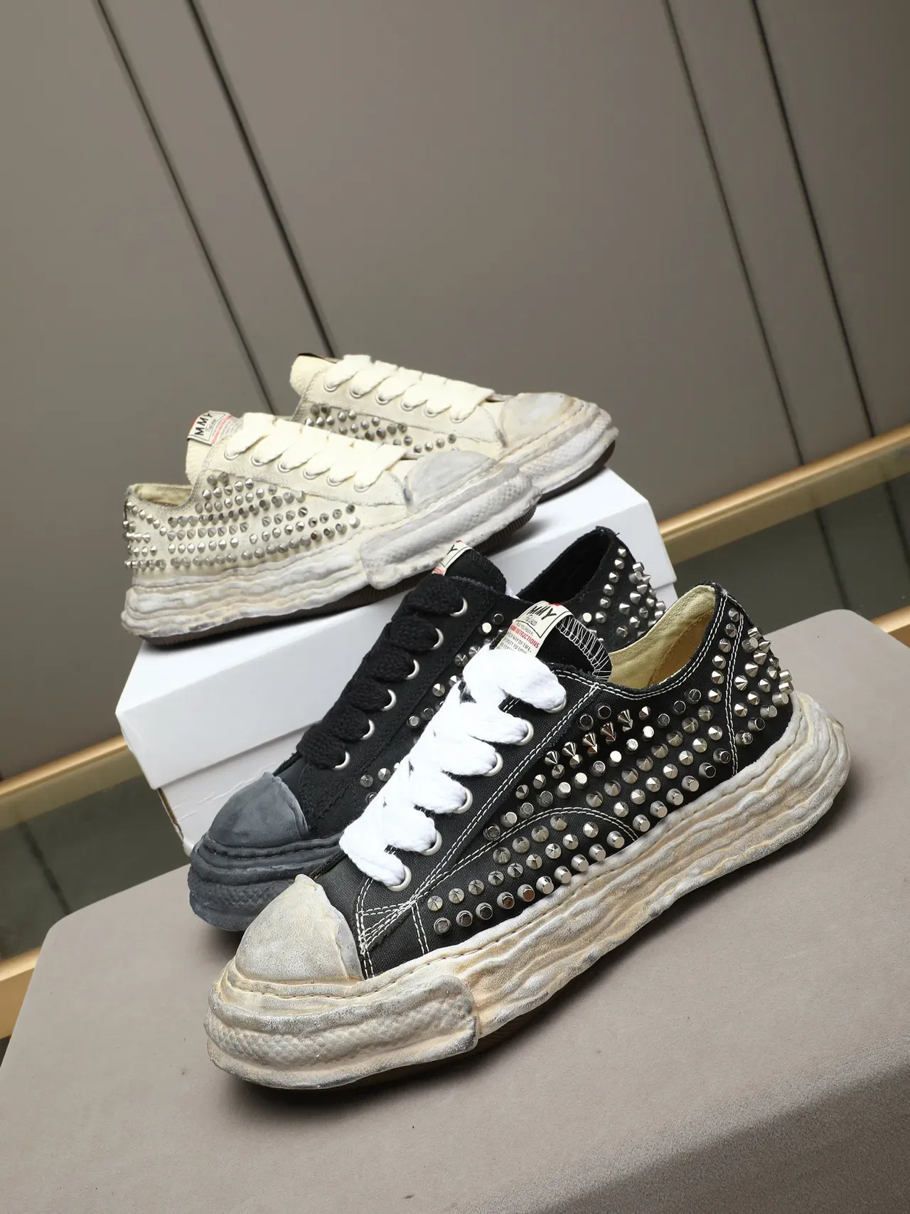 Maison Margiela Beige Silver Studded Canvas Layered Rubber Sole Lifestyle Sneakers 2