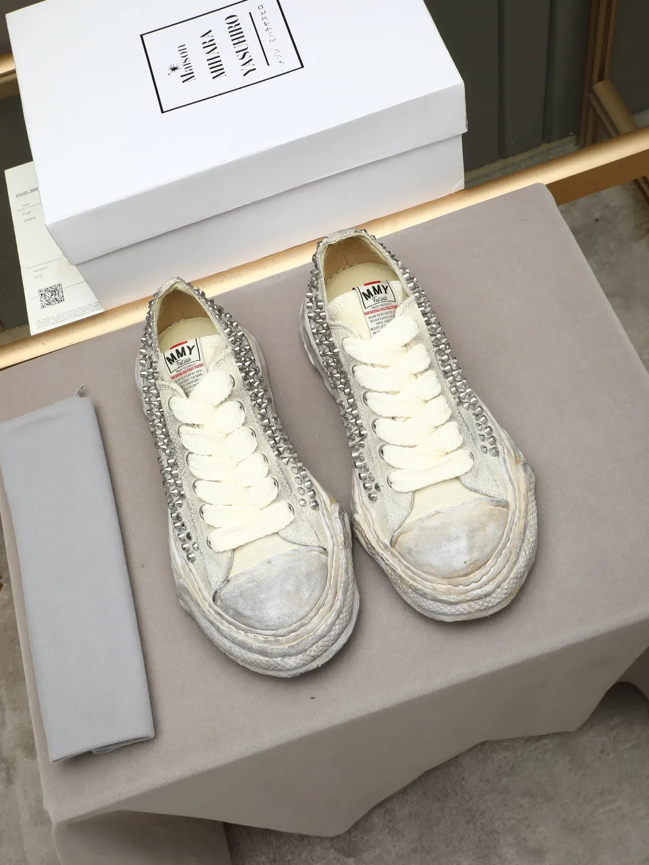 Maison Margiela Beige Silver Studded Canvas Layered Rubber Sole Lifestyle Sneakers 3