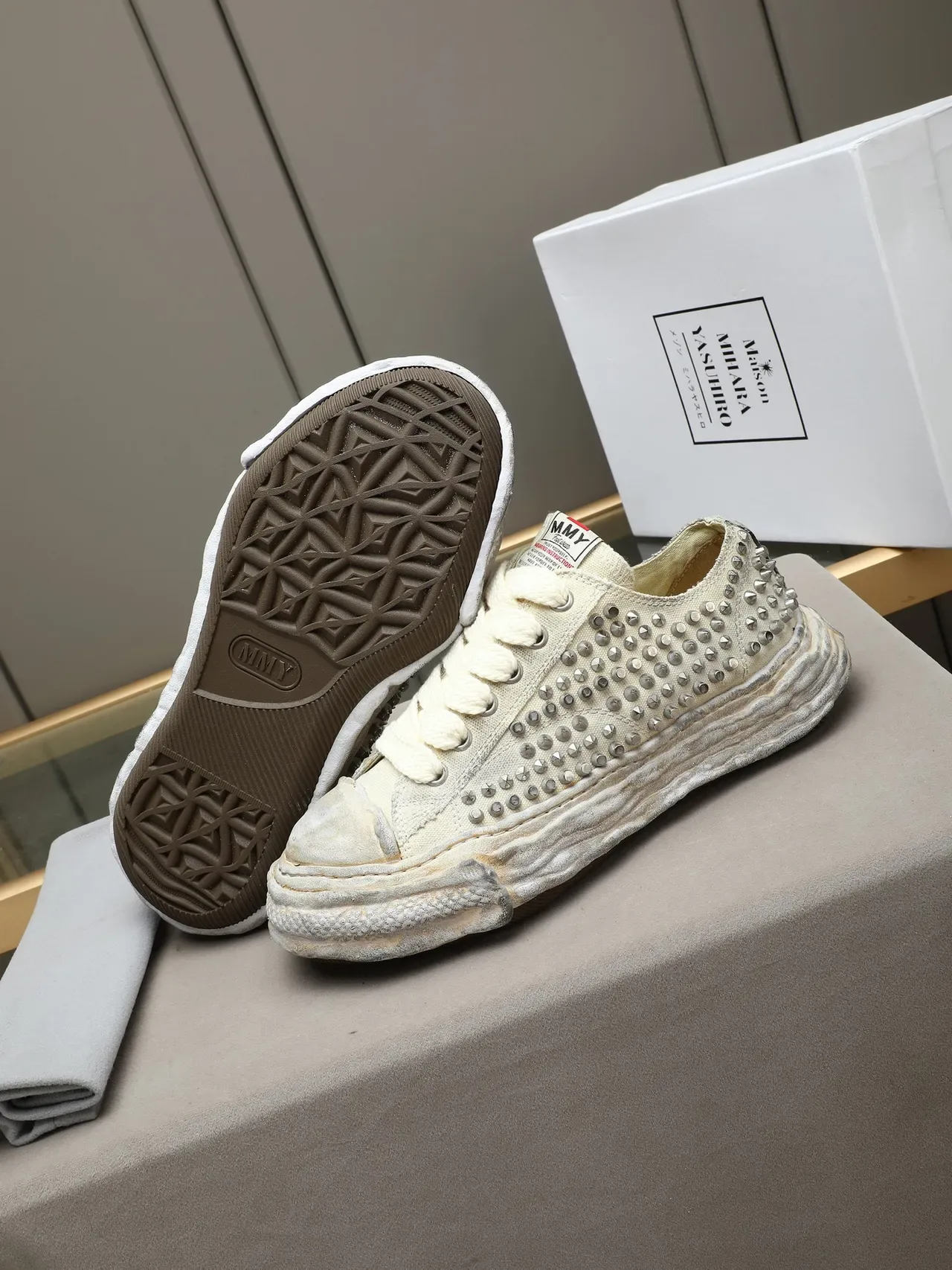 Maison Margiela Beige Silver Studded Canvas Layered Rubber Sole Lifestyle Sneakers 4