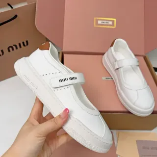 Miu Miu Mary Jane Sneaker White Brown Leather-Like Upper Single Branded Strap Mary Jane Shoes