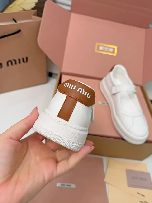 Miu Miu Mary Jane Sneaker White Brown Leather-Like Upper Single Branded Strap Mary Jane Shoes 2