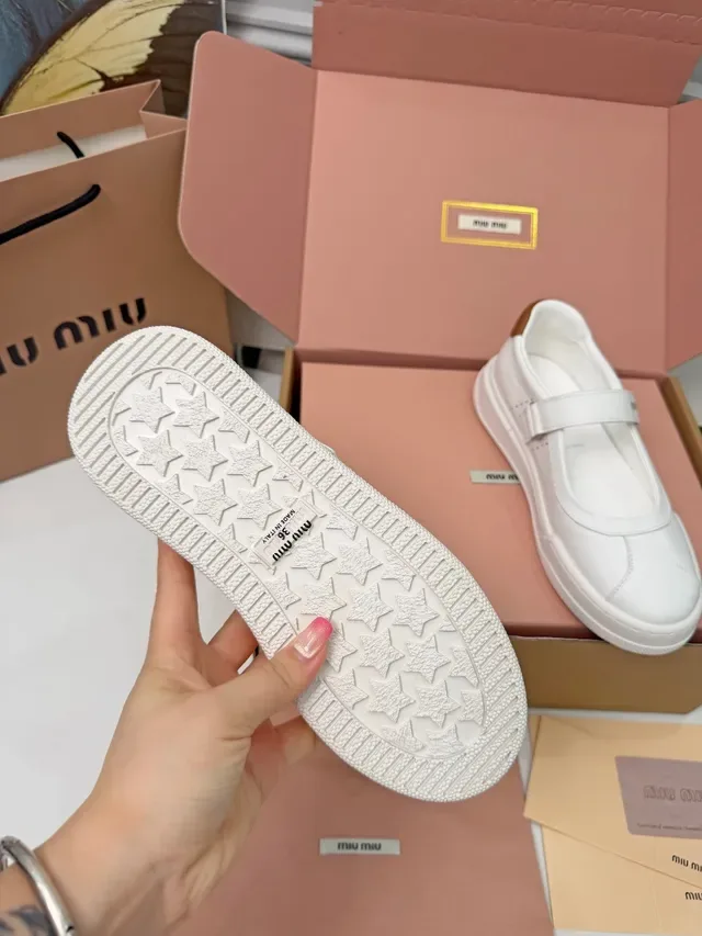 Miu Miu Mary Jane Sneaker White Brown Leather-Like Upper Single Branded Strap Mary Jane Shoes 3